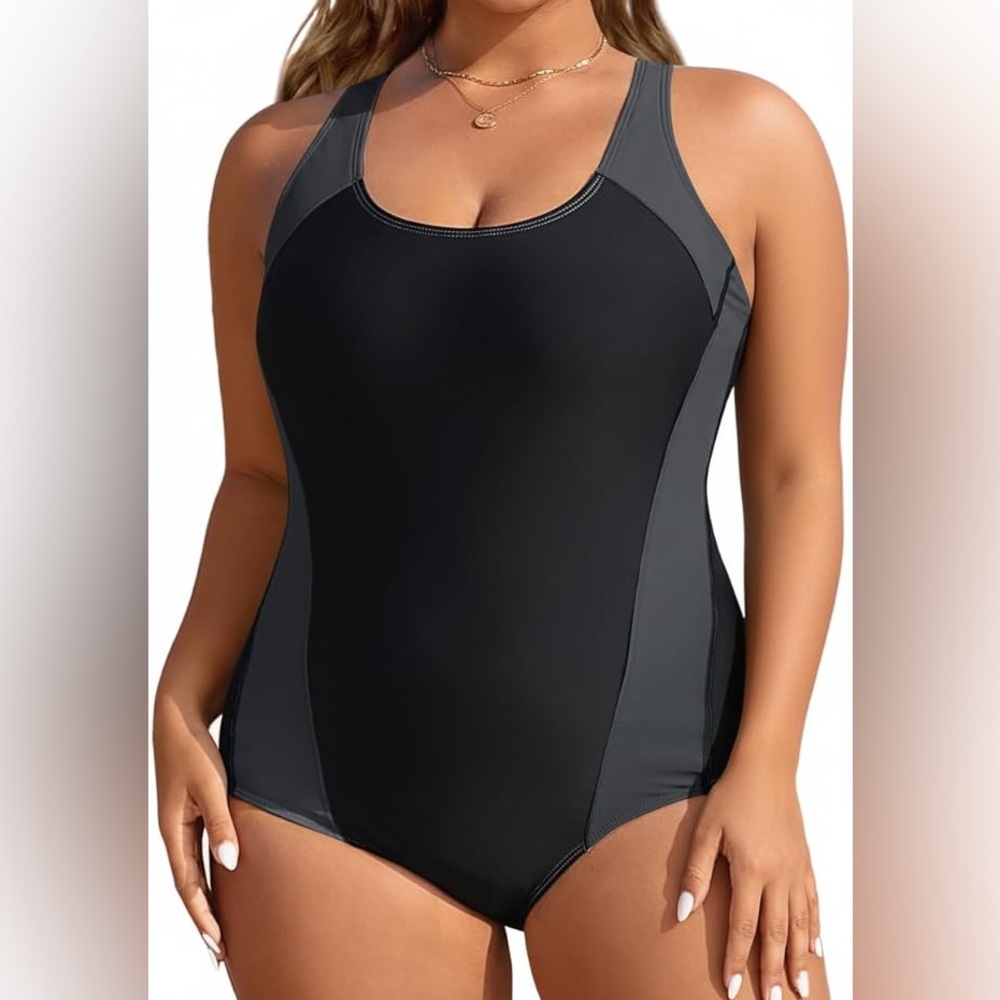 Black & Dark Gray One-Piece Swim Suit - Sporty Scoop Neck